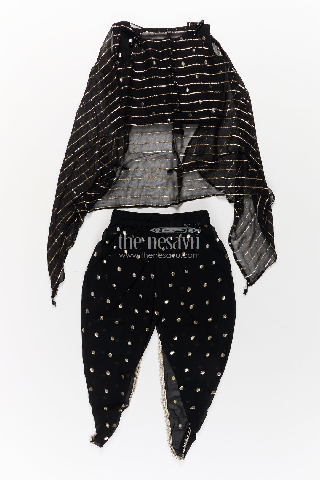 Girls Georgette Dhoti Plazo Design with Black Embroidered Yoke Top and Mirror Work Dupatta