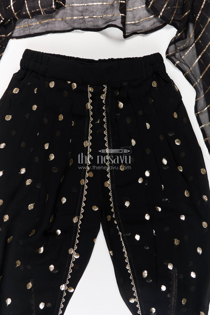 Girls Georgette Dhoti Plazo Design with Black Embroidered Yoke Top and Mirror Work Dupatta