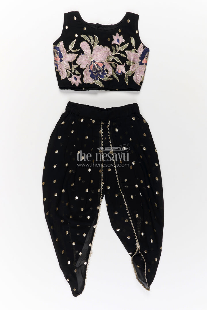 Girls Georgette Dhoti Plazo Design with Black Embroidered Yoke Top and Mirror Work Dupatta