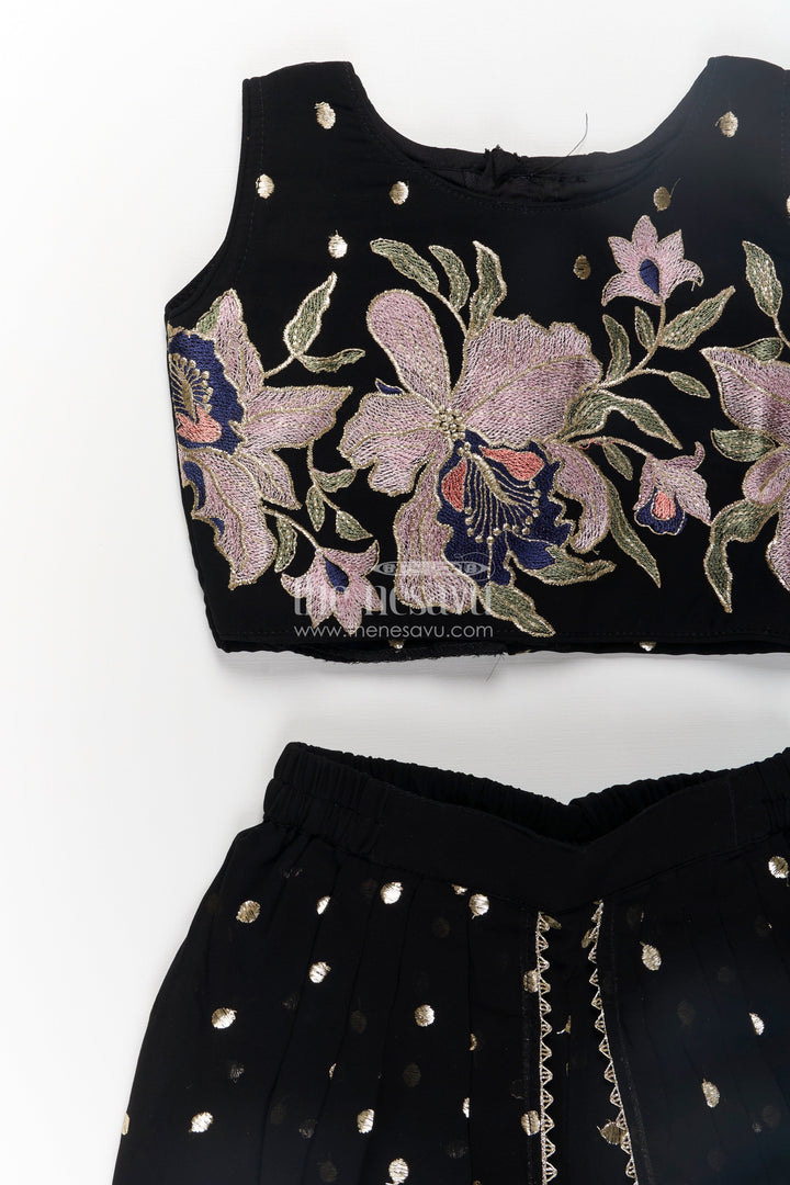 Girls Georgette Dhoti Plazo Design with Black Embroidered Yoke Top and Mirror Work Dupatta