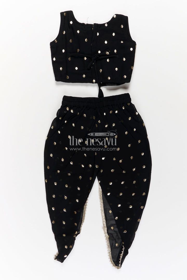 Girls Georgette Dhoti Plazo Design with Black Embroidered Yoke Top and Mirror Work Dupatta