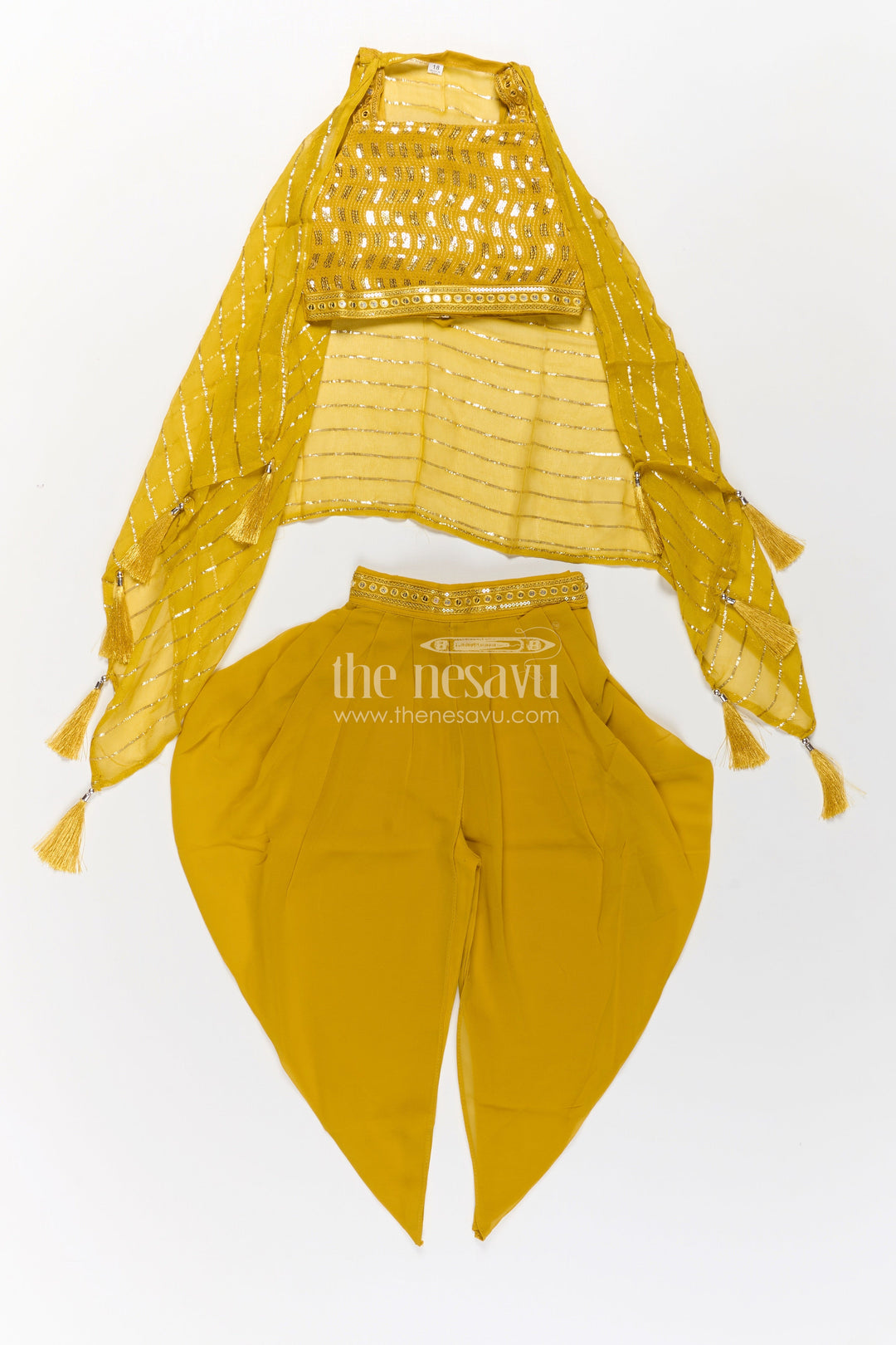 Girls Dhoti Style Palazzo Set in Mustard Georgette with Designer Embroidered Yoke and Tassel Dupatta