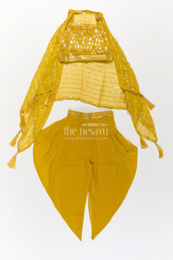 Girls Dhoti Style Palazzo Set in Mustard Georgette with Designer Embroidered Yoke and Tassel Dupatta