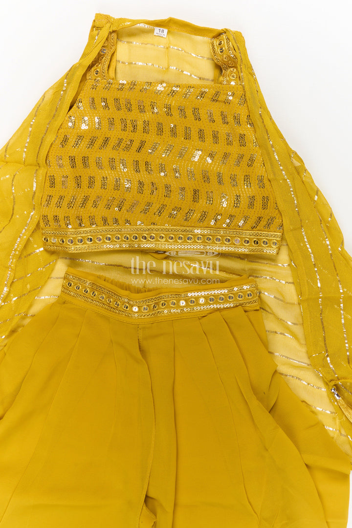 Girls Dhoti Style Palazzo Set in Mustard Georgette with Designer Embroidered Yoke and Tassel Dupatta