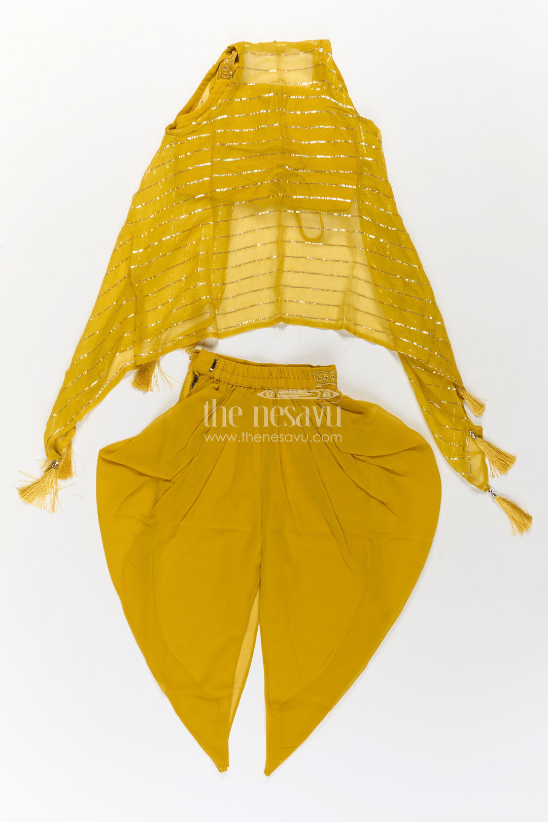 Girls Dhoti Style Palazzo Set in Mustard Georgette with Designer Embroidered Yoke and Tassel Dupatta