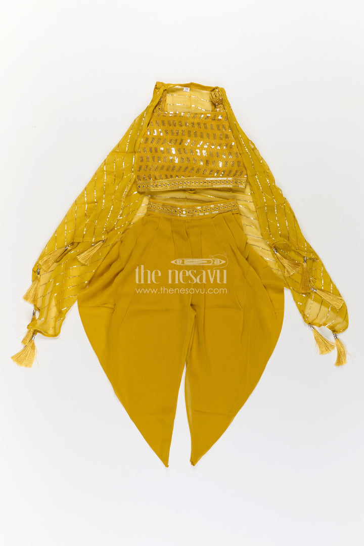Girls Dhoti Style Palazzo Set in Mustard Georgette with Designer Embroidered Yoke and Tassel Dupatta