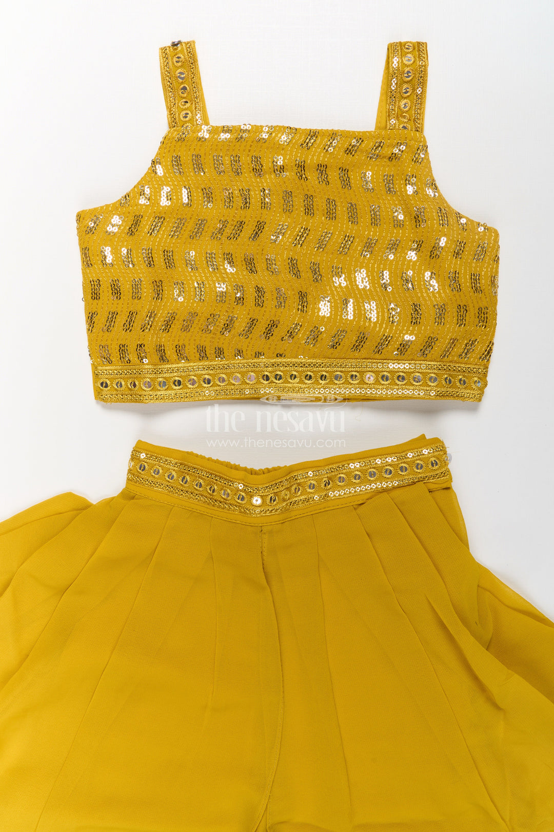 Girls Dhoti Style Palazzo Set in Mustard Georgette with Designer Embroidered Yoke and Tassel Dupatta