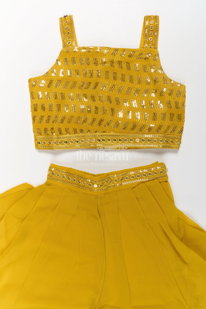 Girls Dhoti Style Palazzo Set in Mustard Georgette with Designer Embroidered Yoke and Tassel Dupatta