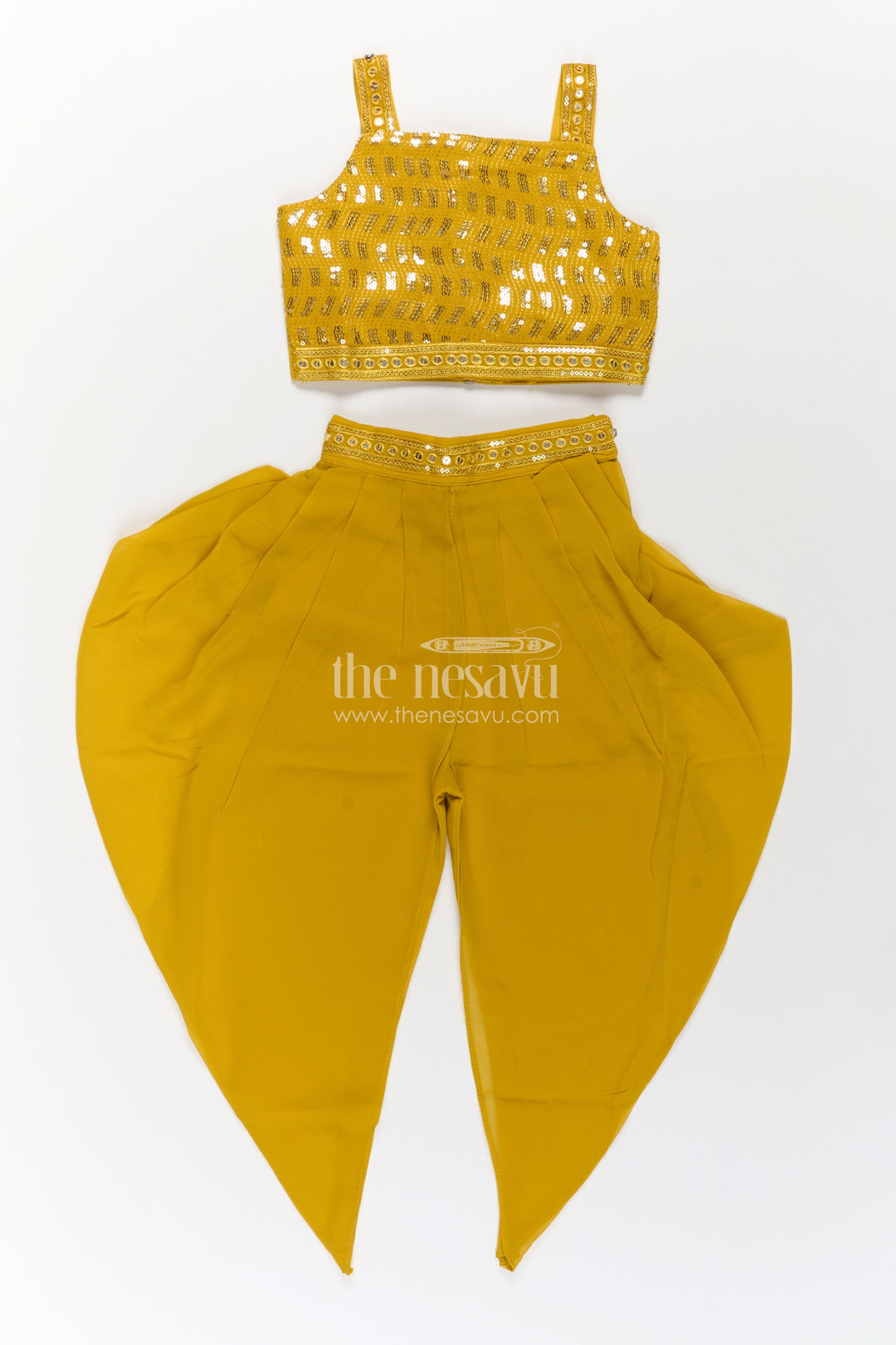 Girls Dhoti Style Palazzo Set in Mustard Georgette with Designer Embroidered Yoke and Tassel Dupatta