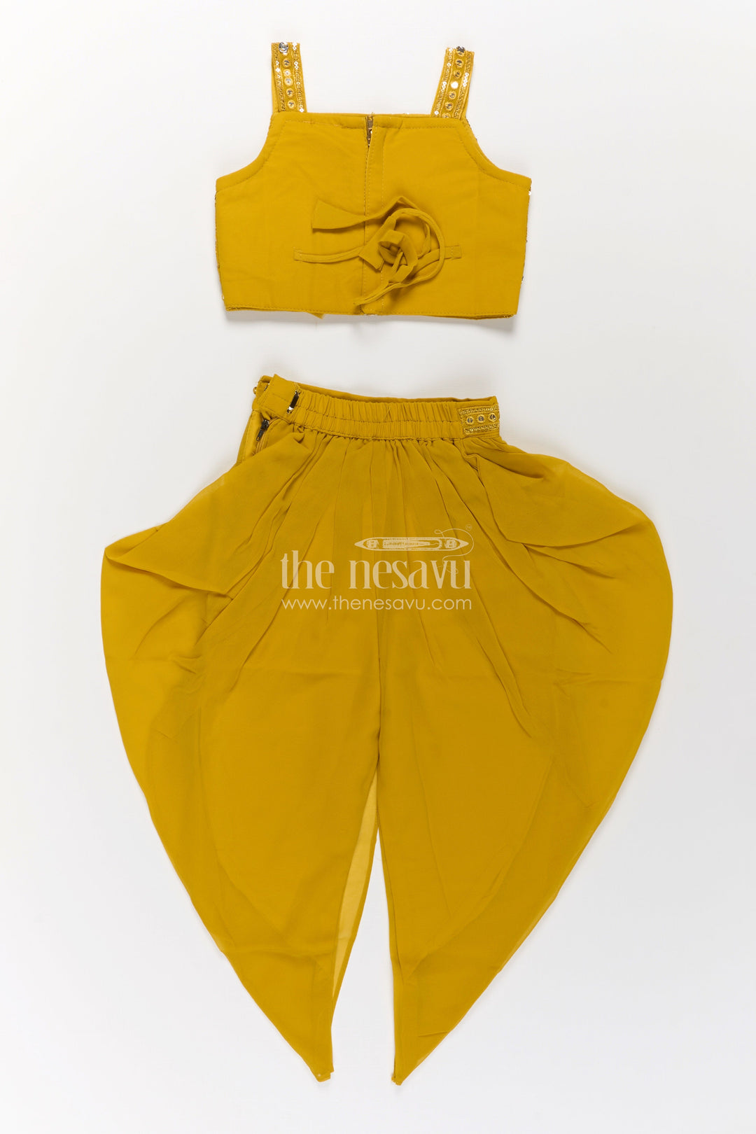 Girls Dhoti Style Palazzo Set in Mustard Georgette with Designer Embroidered Yoke and Tassel Dupatta