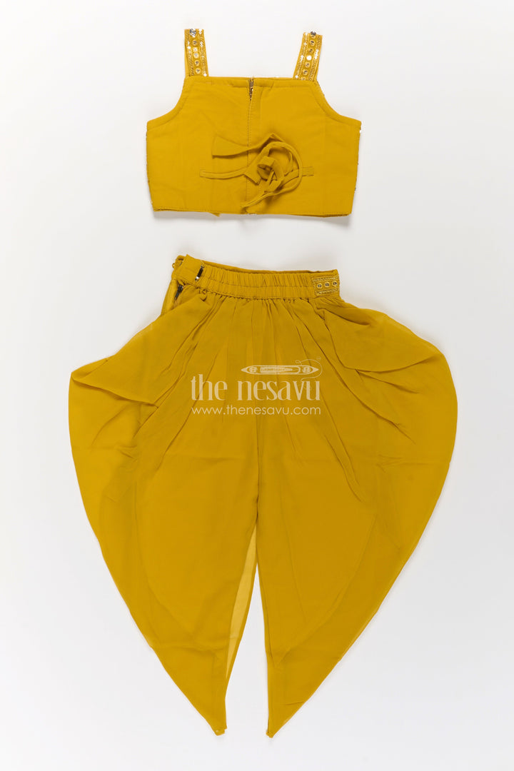 Girls Dhoti Style Palazzo Set in Mustard Georgette with Designer Embroidered Yoke and Tassel Dupatta