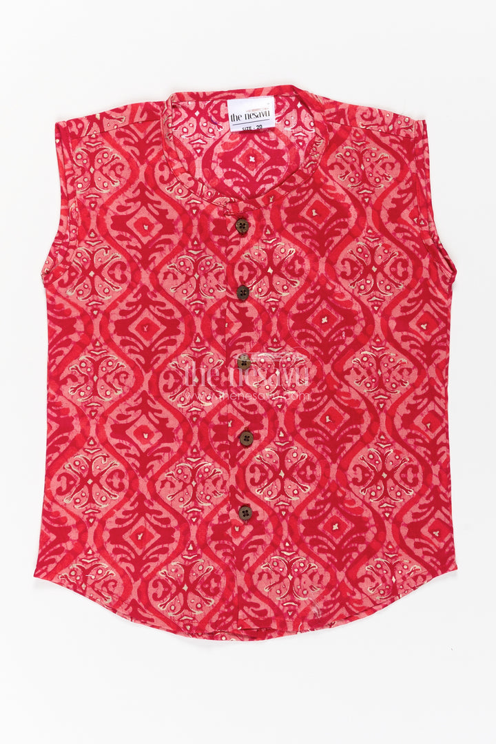 Baby Boys Sleeveless Rayon Jabla in Red with Wooden Buttons and Ethnic Prints for newborn jhabla set