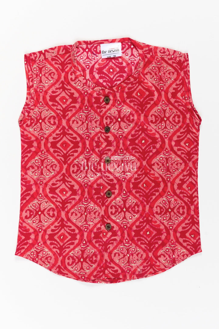 Baby Boys Sleeveless Rayon Jabla in Red with Wooden Buttons and Ethnic Prints for newborn jhabla set
