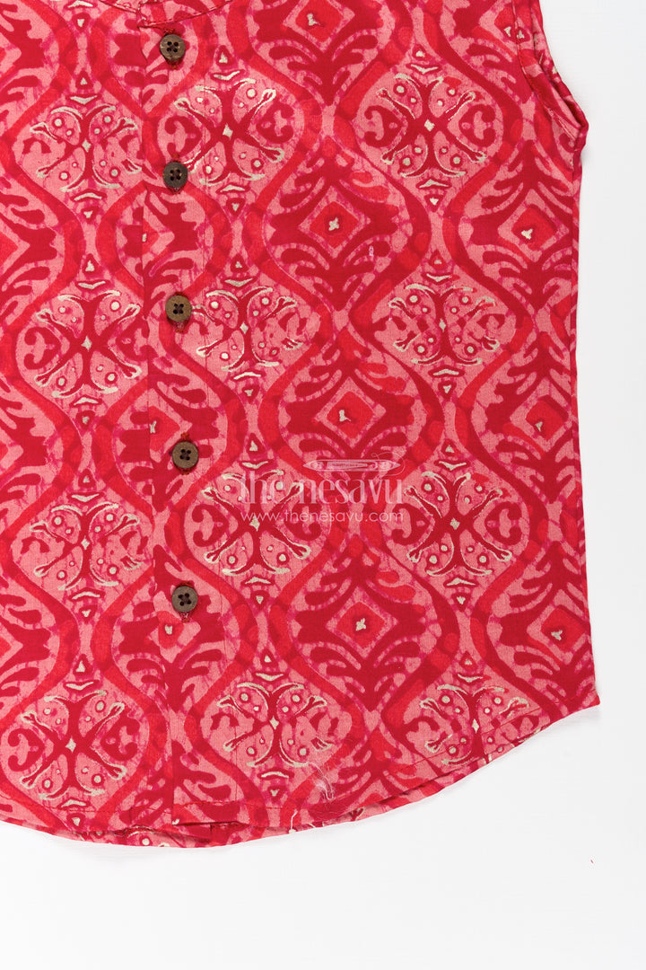 Baby Boys Sleeveless Rayon Jabla in Red with Wooden Buttons and Ethnic Prints for newborn jhabla set