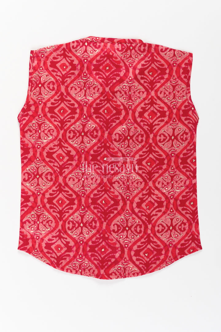 Baby Boys Sleeveless Rayon Jabla in Red with Wooden Buttons and Ethnic Prints for newborn jhabla set