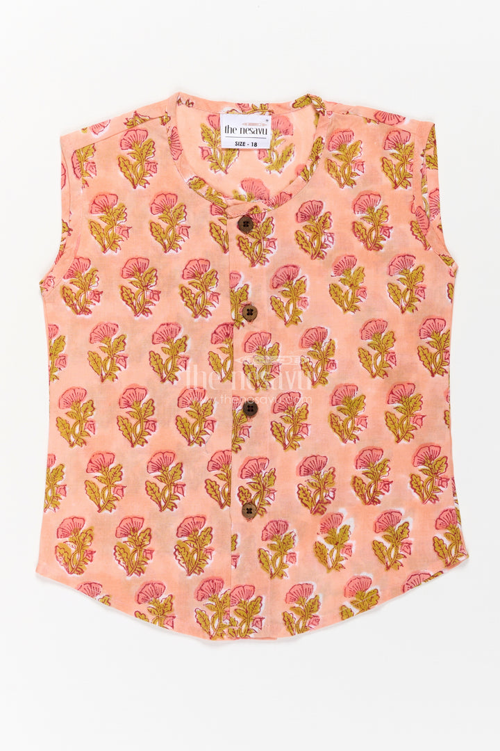 Baby Boys Cotton Jabla in Peach with Floral Digital Print and Wooden Buttons in cotton jablas for newborn Style