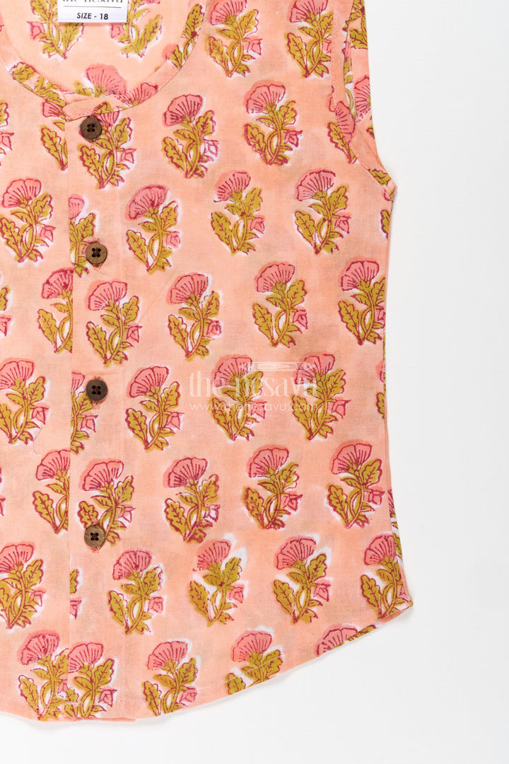 Baby Boys Cotton Jabla in Peach with Floral Digital Print and Wooden Buttons in cotton jablas for newborn Style