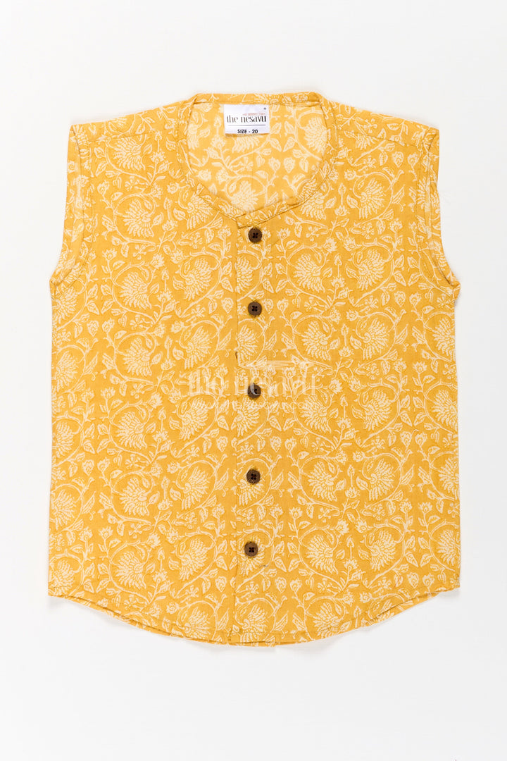 Baby Boys Yellow Cotton Jabla with Vine Pattern Digital Print in newborn jhabla Style
