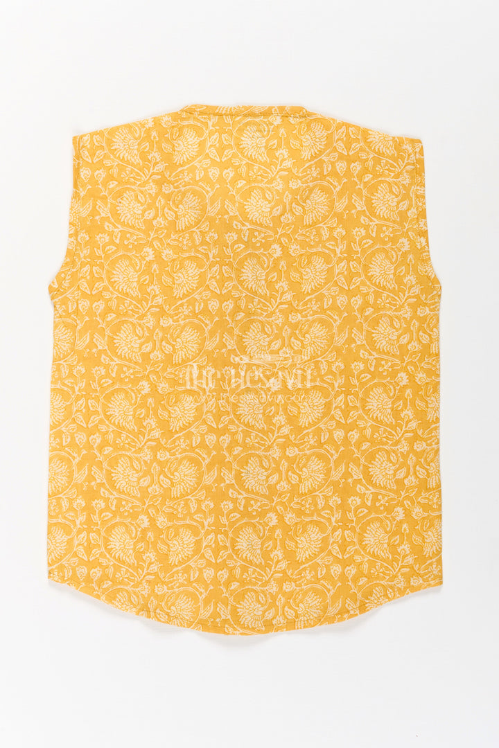 Baby Boys Yellow Cotton Jabla with Vine Pattern Digital Print in newborn jhabla Style