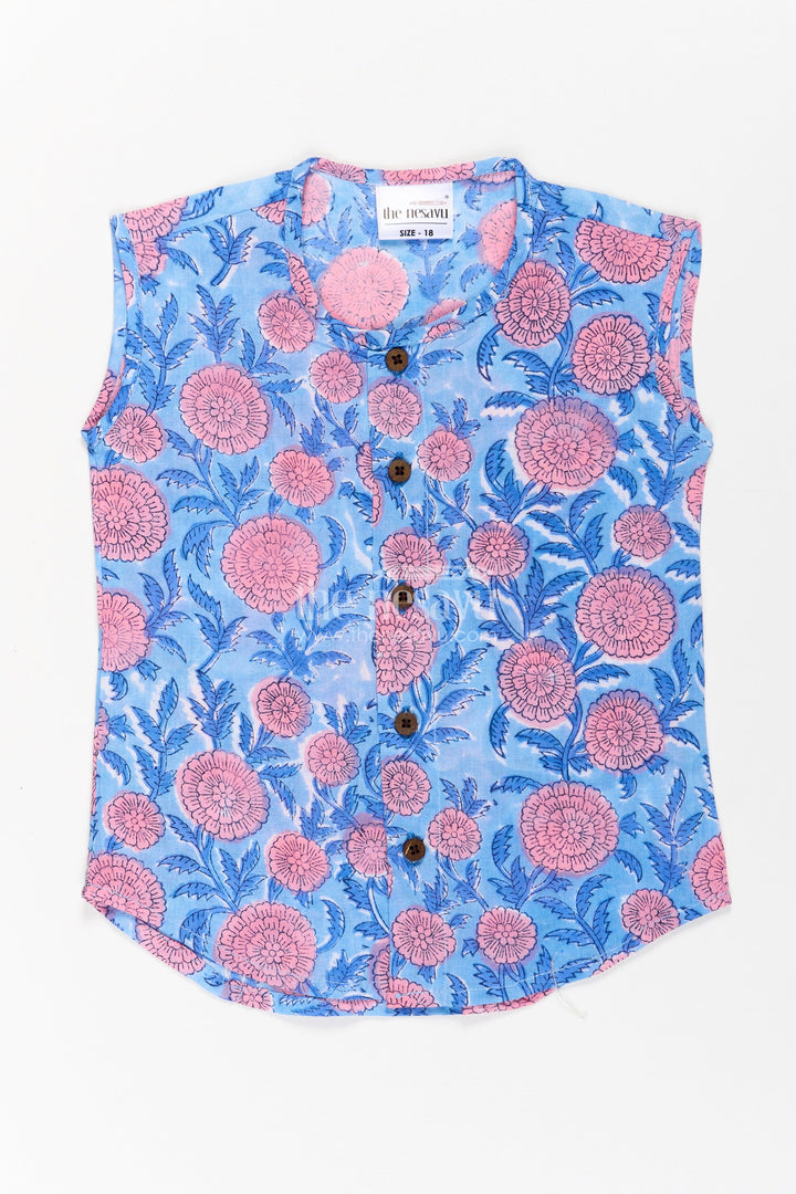 Baby Boys Sleeveless Jabla in Blue with Bold Pink Florals in jhablas for infants Design