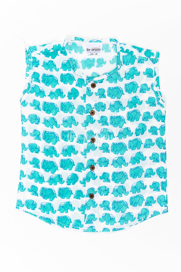 Jablas for Newborn Boys Sleeveless Cotton Shirt with Cute Elephant Digital Print in Teal and White