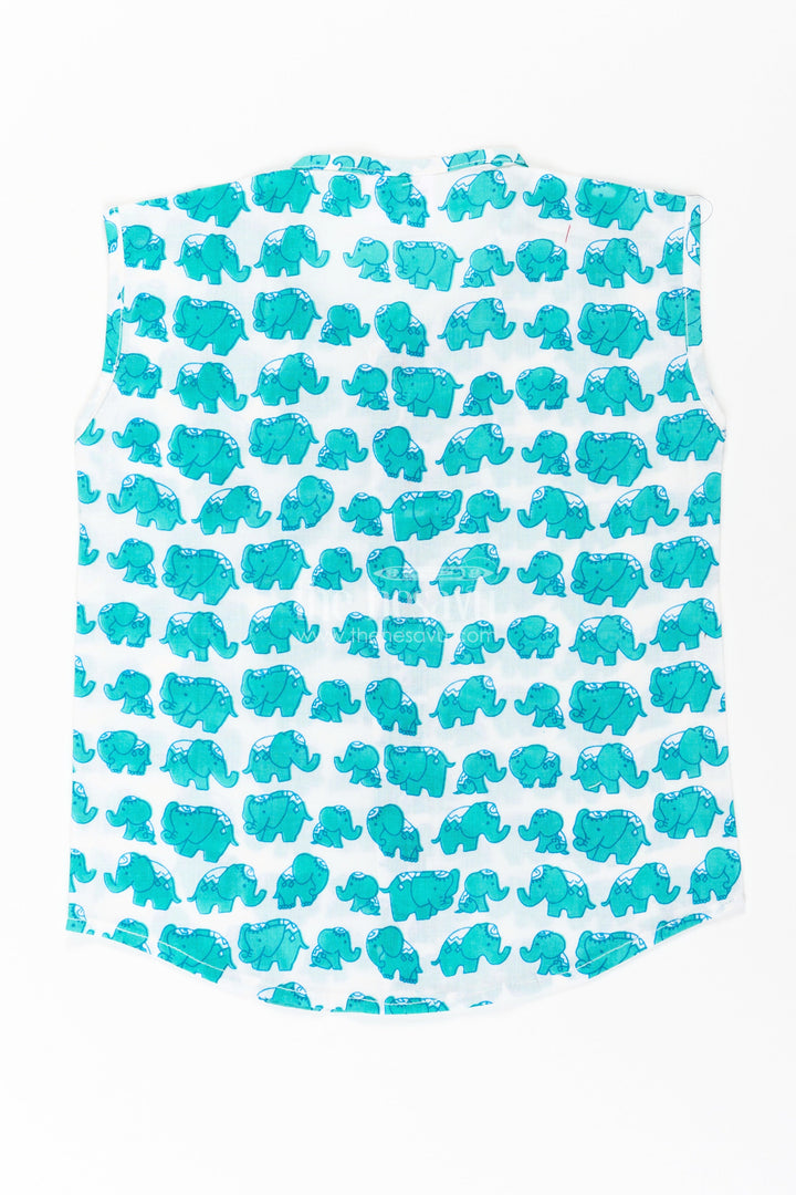 Jablas for Newborn Boys Sleeveless Cotton Shirt with Cute Elephant Digital Print in Teal and White