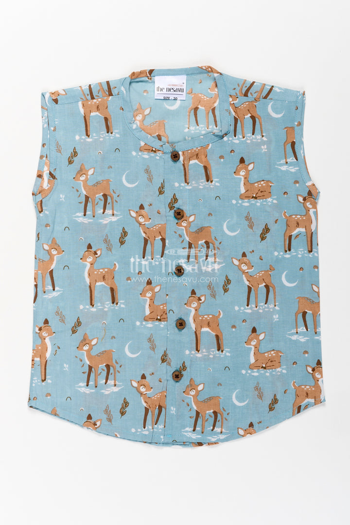 Cotton Jablas for Baby Boys Sleeveless Blue Shirt with Playful Deer and Moon Digital Prints