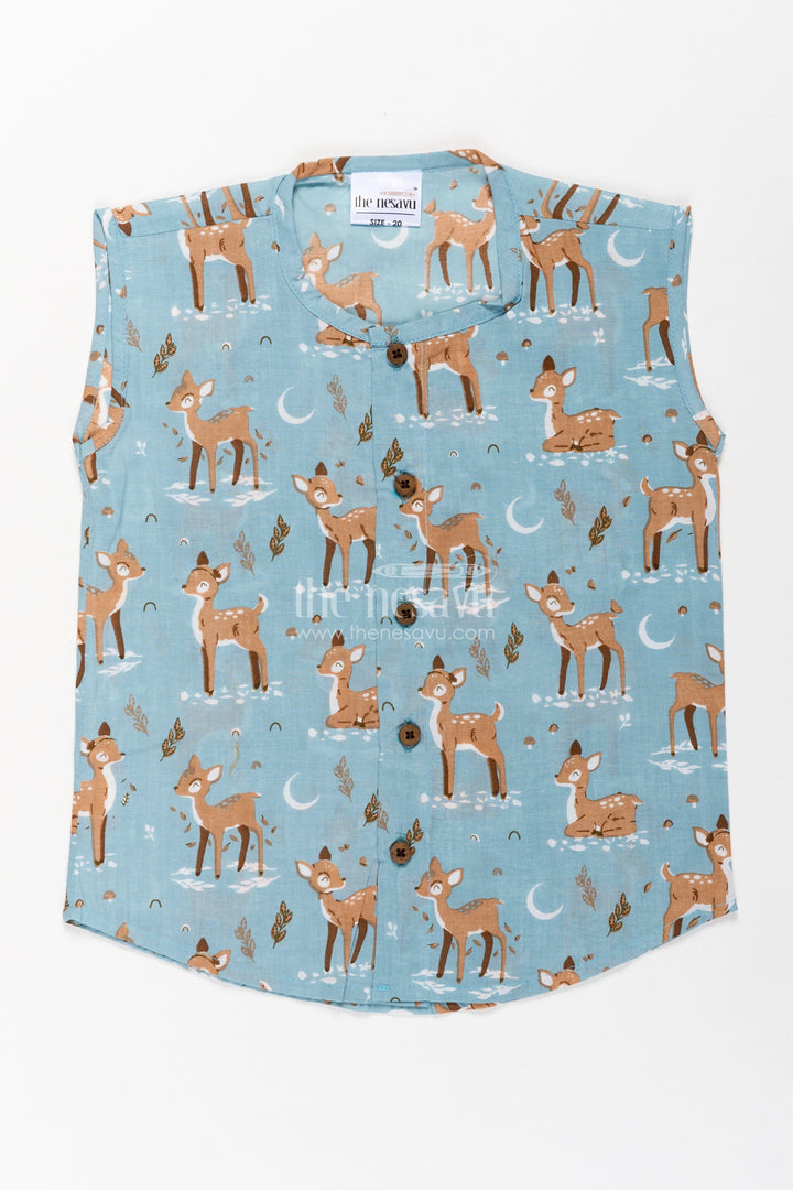 Cotton Jablas for Baby Boys Sleeveless Blue Shirt with Playful Deer and Moon Digital Prints