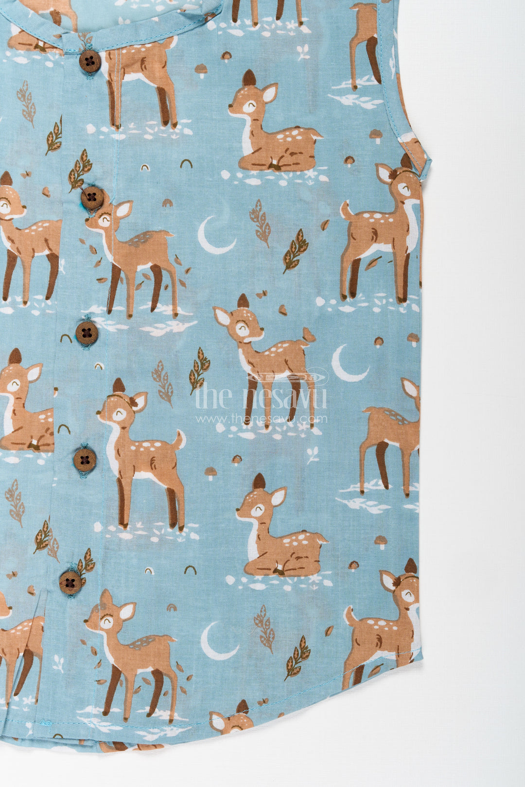 Cotton Jablas for Baby Boys Sleeveless Blue Shirt with Playful Deer and Moon Digital Prints