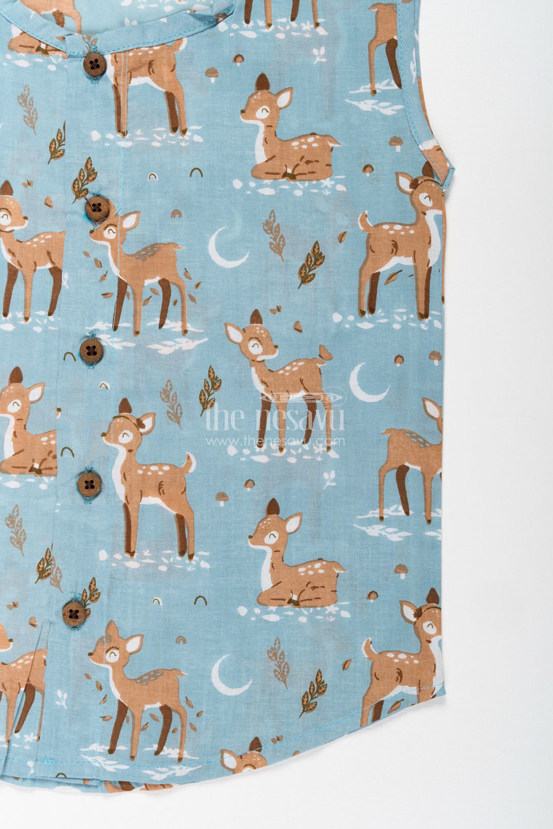 Cotton Jablas for Baby Boys Sleeveless Blue Shirt with Playful Deer and Moon Digital Prints