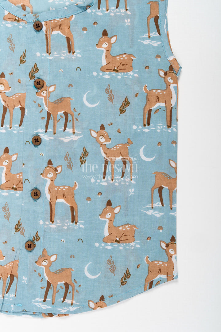 Cotton Jablas for Baby Boys Sleeveless Blue Shirt with Playful Deer and Moon Digital Prints