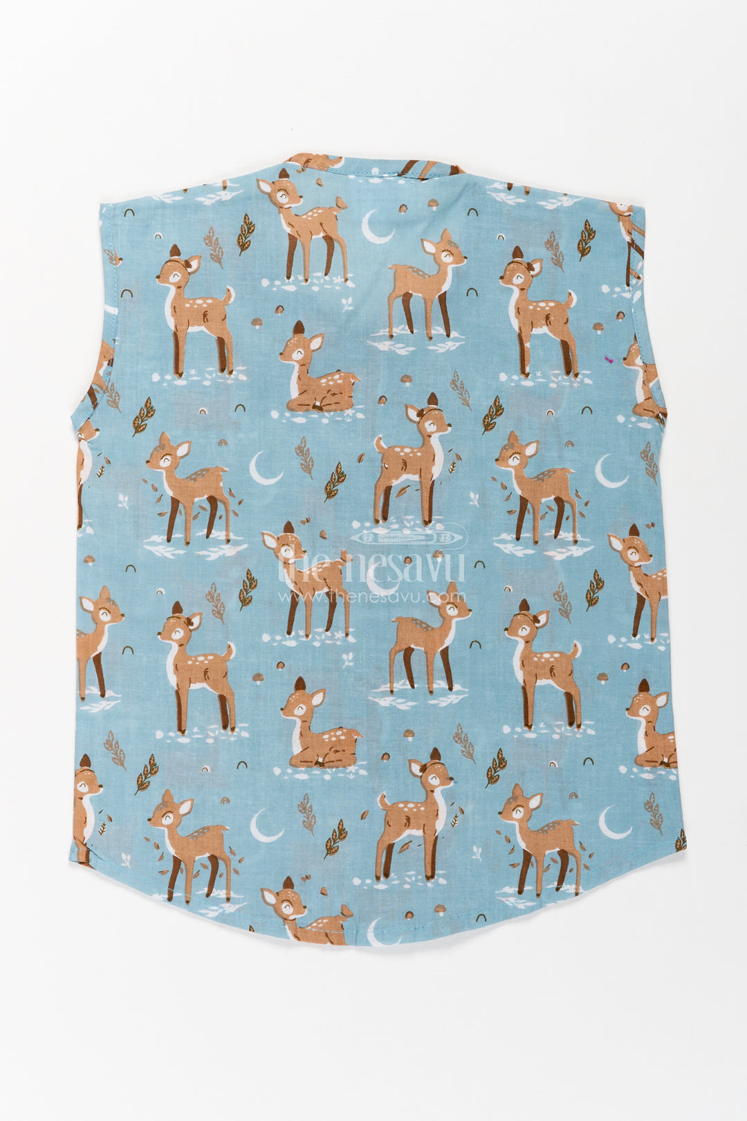 Cotton Jablas for Baby Boys Sleeveless Blue Shirt with Playful Deer and Moon Digital Prints