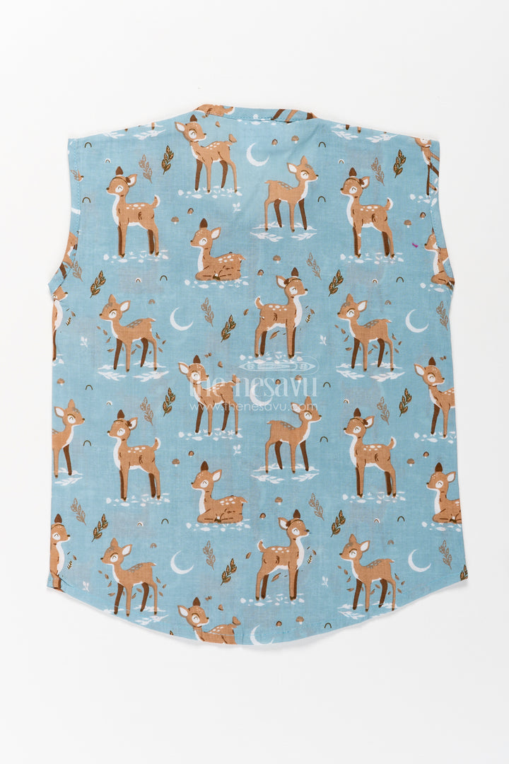 Cotton Jablas for Baby Boys Sleeveless Blue Shirt with Playful Deer and Moon Digital Prints