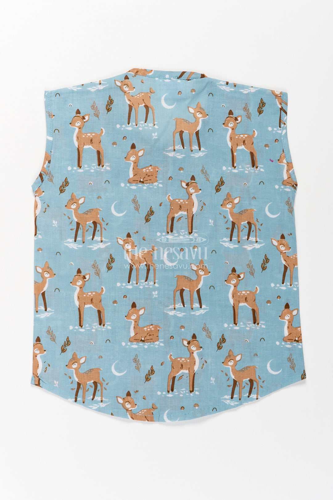 Cotton Jablas for Baby Boys Sleeveless Blue Shirt with Playful Deer and Moon Digital Prints