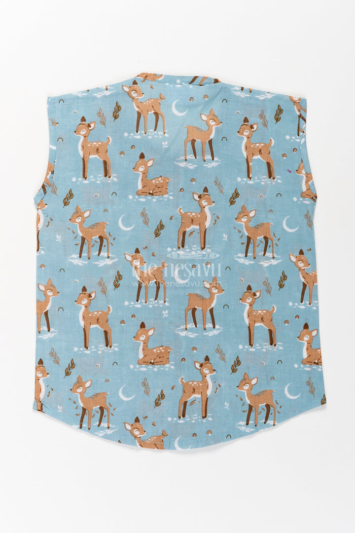 Cotton Jablas for Baby Boys Sleeveless Blue Shirt with Playful Deer and Moon Digital Prints