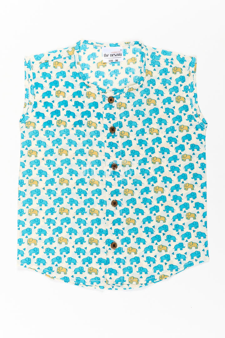 Cotton Jabla for Newborn Boys Sleeveless Printed Shirt with Yellow and Blue Elephant Pattern
