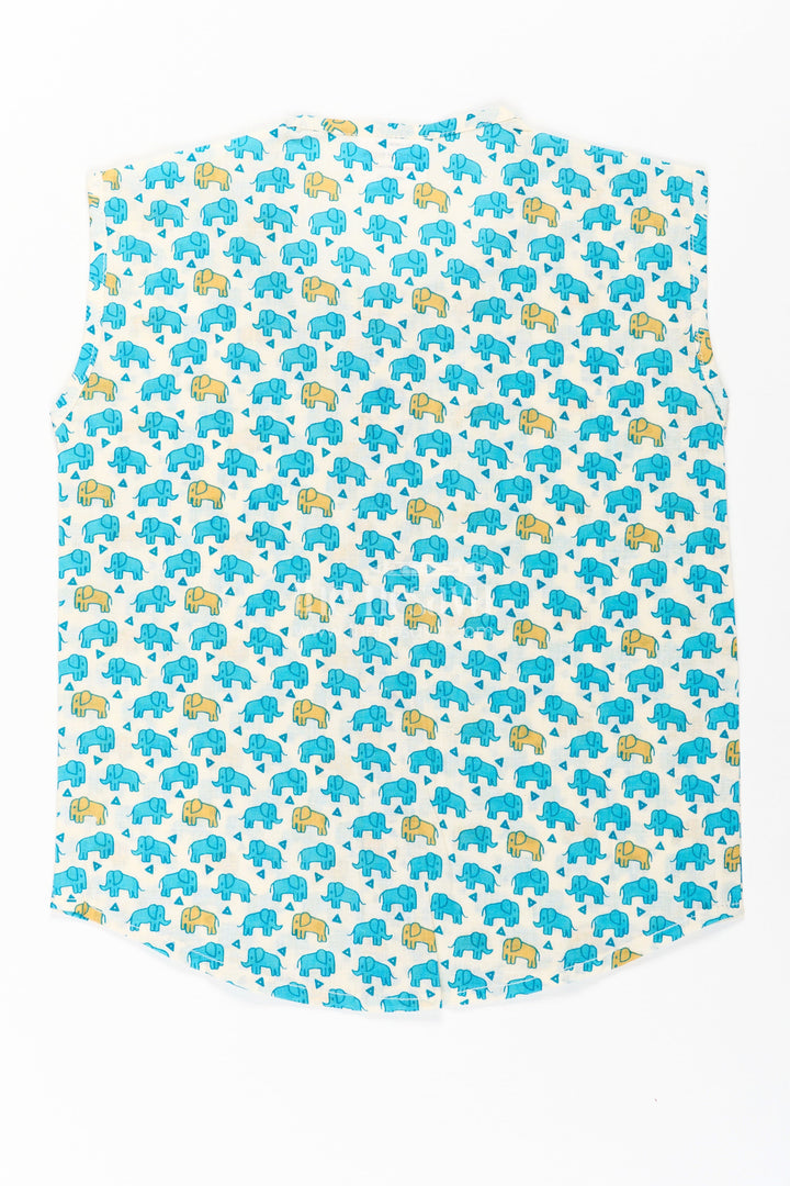 Cotton Jabla for Newborn Boys Sleeveless Printed Shirt with Yellow and Blue Elephant Pattern