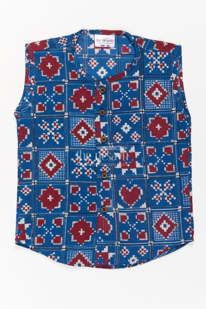 Jabla Online Sleeveless Baby Shirt with Blue and Red Geometric Digital Prints for Boys