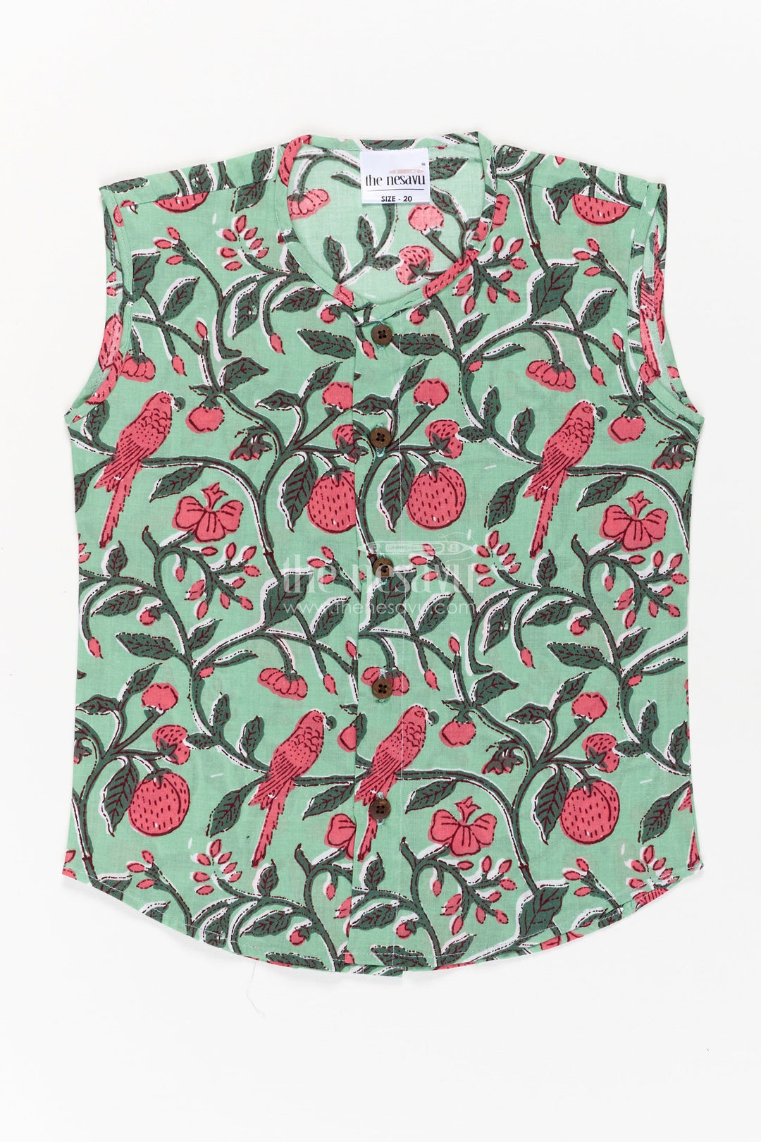 Jabla Newborn Sleeveless Green Baby Shirt with Pink Bird and Floral Digital Prints