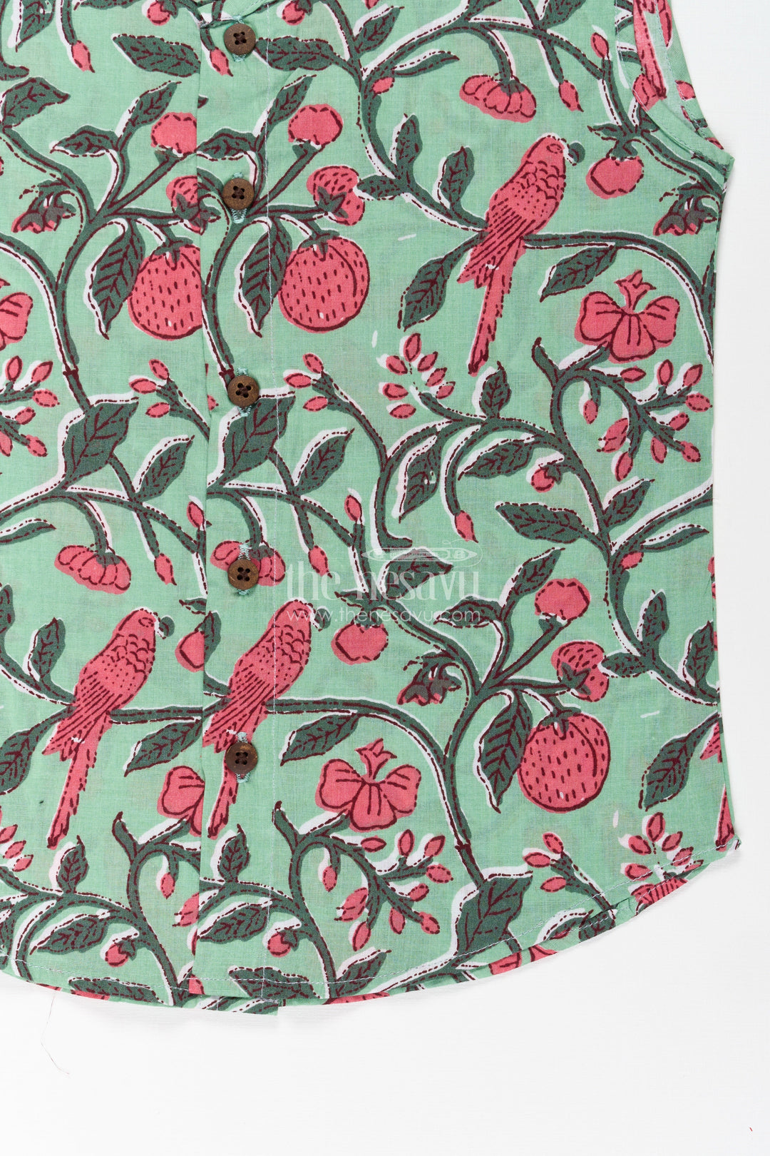 Jabla Newborn Sleeveless Green Baby Shirt with Pink Bird and Floral Digital Prints