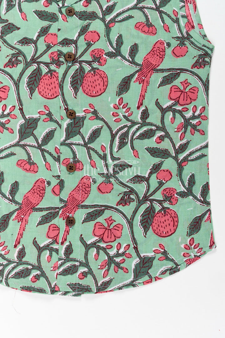 Jabla Newborn Sleeveless Green Baby Shirt with Pink Bird and Floral Digital Prints