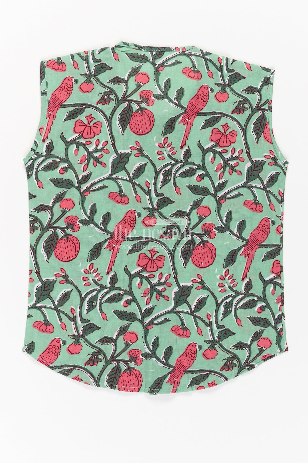 Jabla Newborn Sleeveless Green Baby Shirt with Pink Bird and Floral Digital Prints