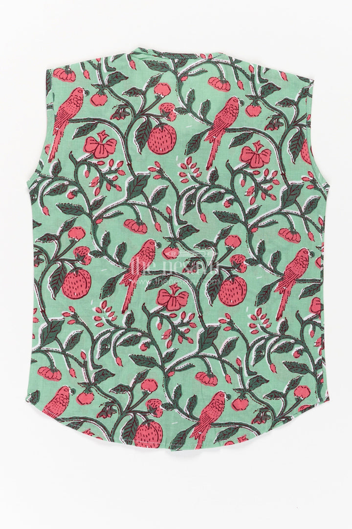 Jabla Newborn Sleeveless Green Baby Shirt with Pink Bird and Floral Digital Prints