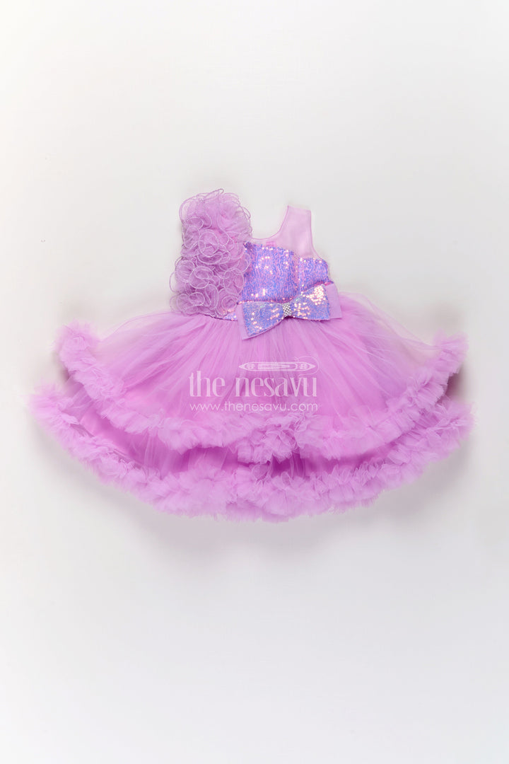 Princess Dress Purple for Girls in Net with Layered Frills and Glitter Bow Accent