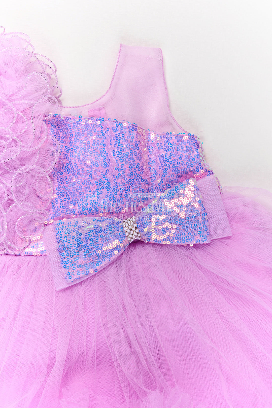 Princess Dress Purple for Girls in Net with Layered Frills and Glitter Bow Accent