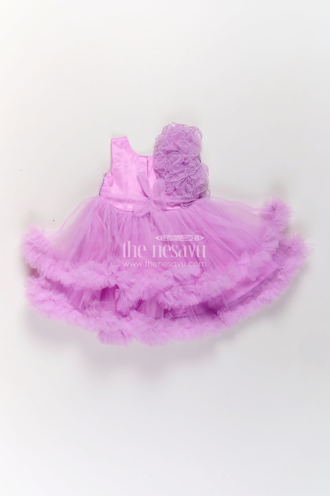 Princess Dress Purple for Girls in Net with Layered Frills and Glitter Bow Accent