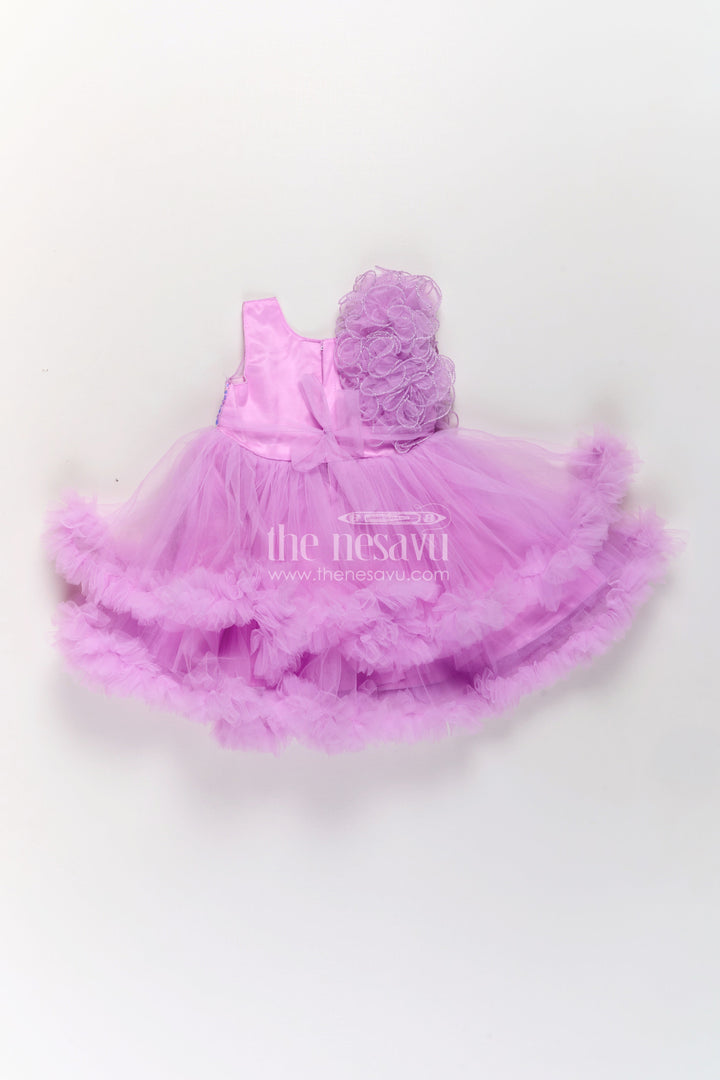 Princess Dress Purple for Girls in Net with Layered Frills and Glitter Bow Accent