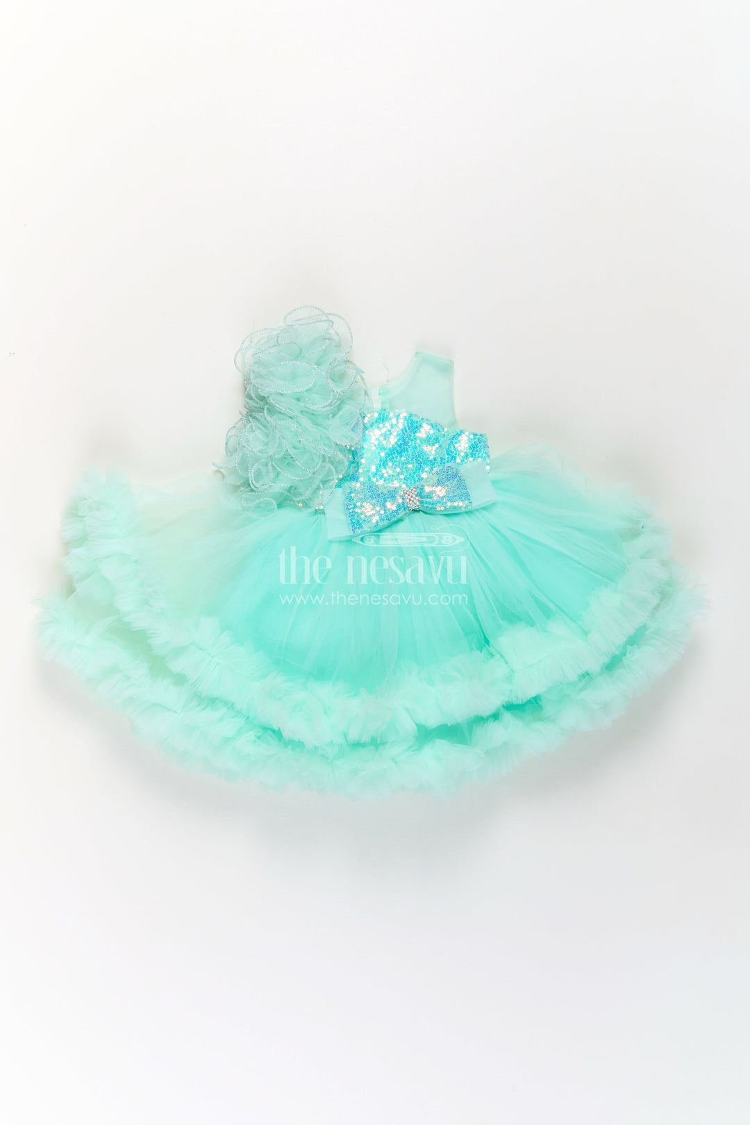 Green Party Dress for Girls in Net with Ruffle Layers and Sequin Embellished Floral Yoke