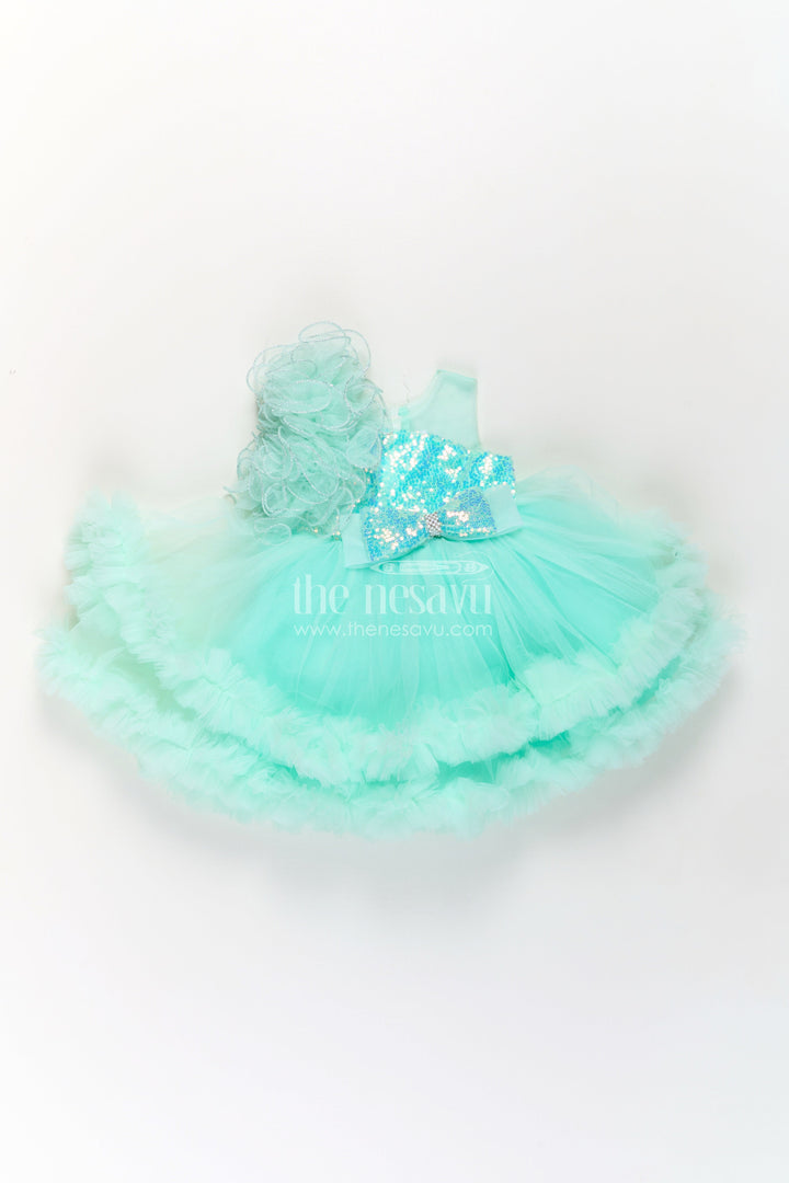 Green Party Dress for Girls in Net with Ruffle Layers and Sequin Embellished Floral Yoke