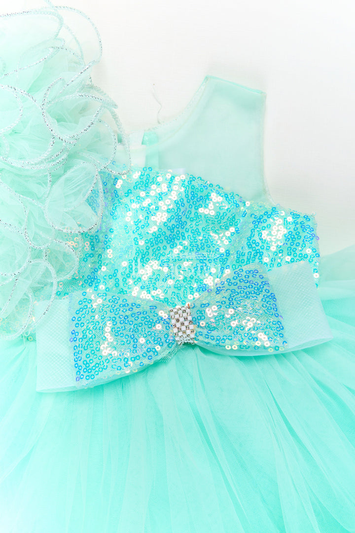 Green Party Dress for Girls in Net with Ruffle Layers and Sequin Embellished Floral Yoke